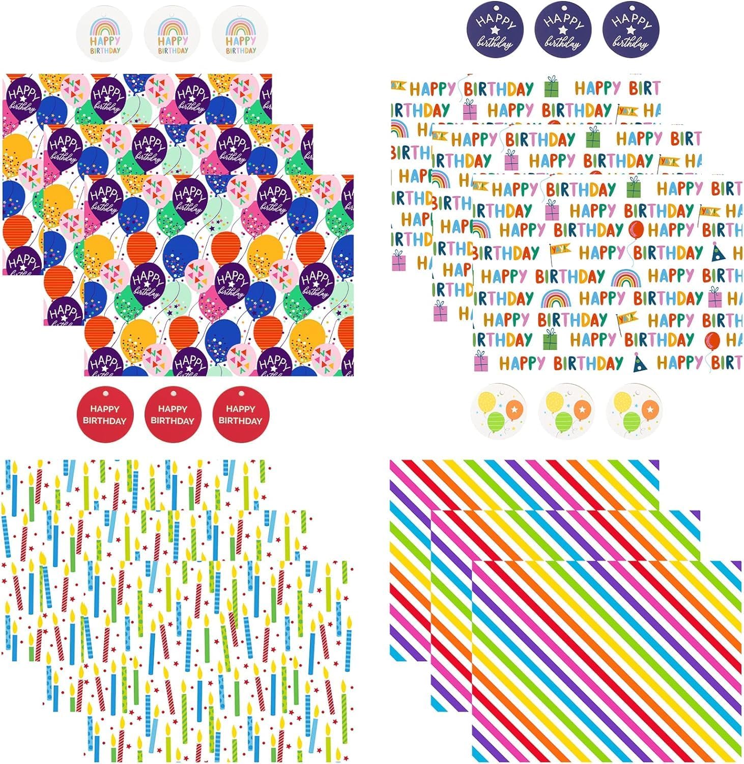 12 Happy Birthday Gift Wrapping Paper Sheets with Tags– 50x70cm,with Ballon Designs For Birthday And Other Occasions For Men,Women,Husband,Wife And Kids