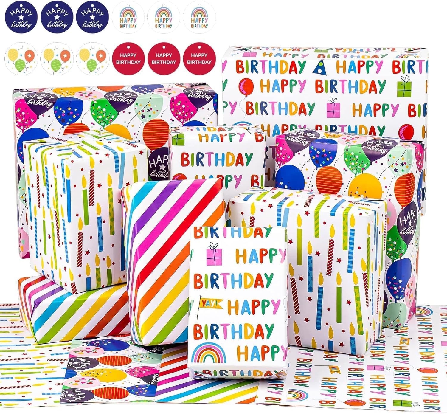 12 Happy Birthday Gift Wrapping Paper Sheets with Tags– 50x70cm,with Ballon Designs For Birthday And Other Occasions For Men,Women,Husband,Wife And Kids