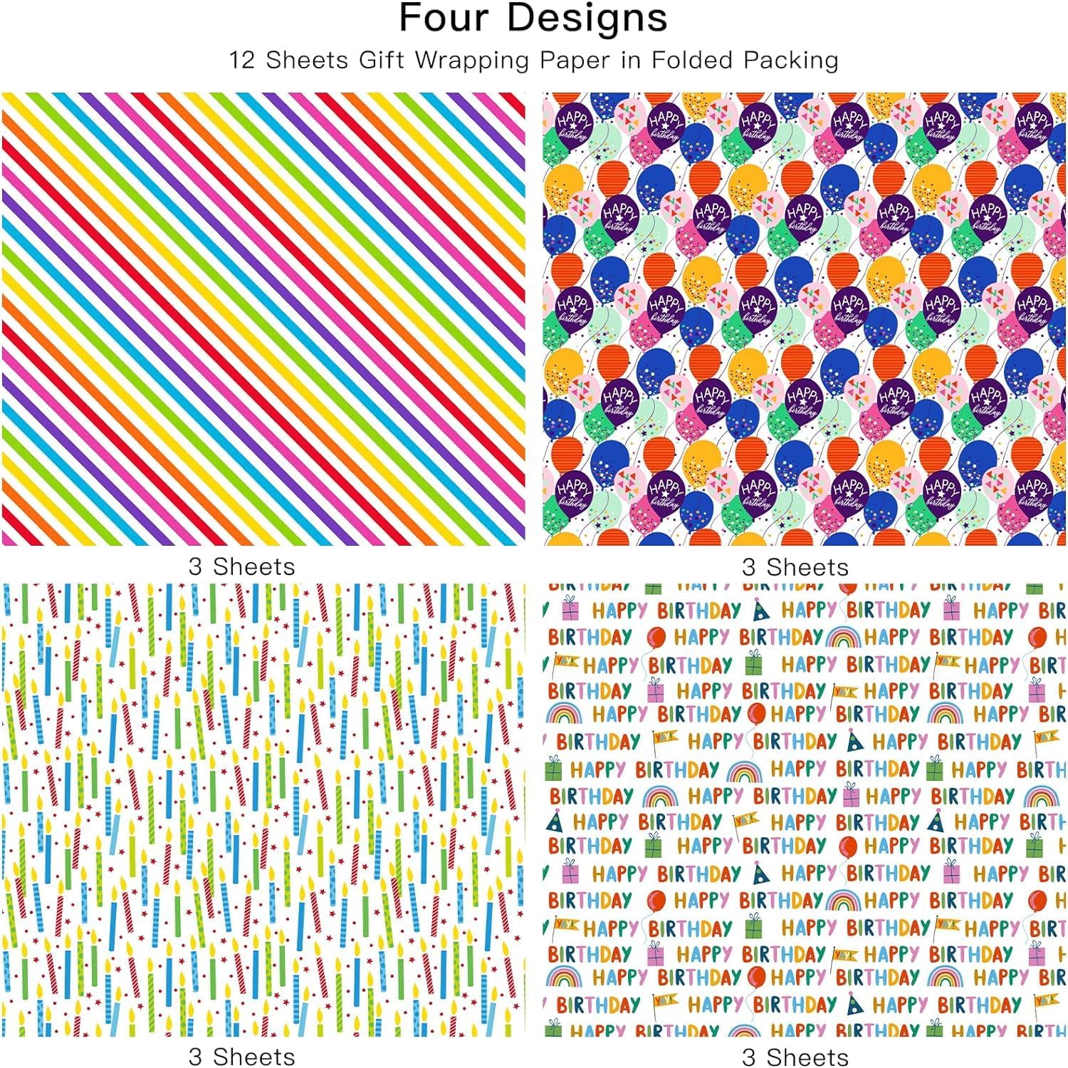 12 Happy Birthday Gift Wrapping Paper Sheets with Tags– 50x70cm,with Ballon Designs For Birthday And Other Occasions For Men,Women,Husband,Wife And Kids