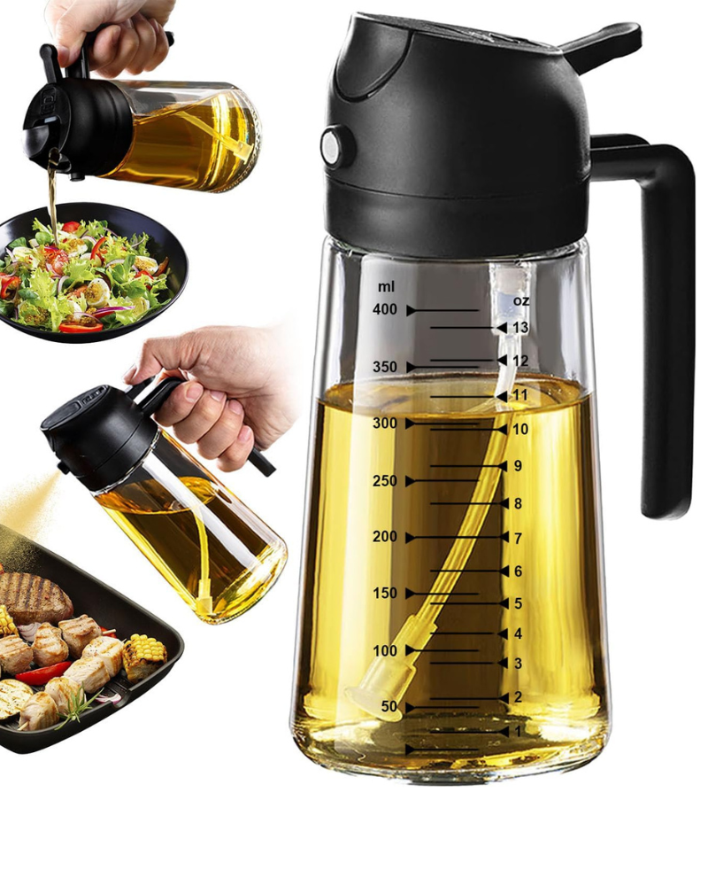 16oz Olive Oil Dispenser Bottle – 2-in-1 Oil Dispenser and Sprayer for Cooking, Air Fryer & Salads, 470ml Refillable Glass Olive Oil Sprayer with Adjustable Nozzle, Leakproof Design, Lifetime Assurance (Black)