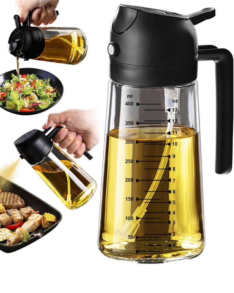 16oz Olive Oil Dispenser Bottle for Kitchen – 2 in 1 Olive Oil Sprayer and Pourer, 470ml Oil Bottle with Dual Dispensing Nozzle for Cooking, Air Fryer, Salad, Baking – Non-Drip Design, Refillable Black Glass Oil Sprayer