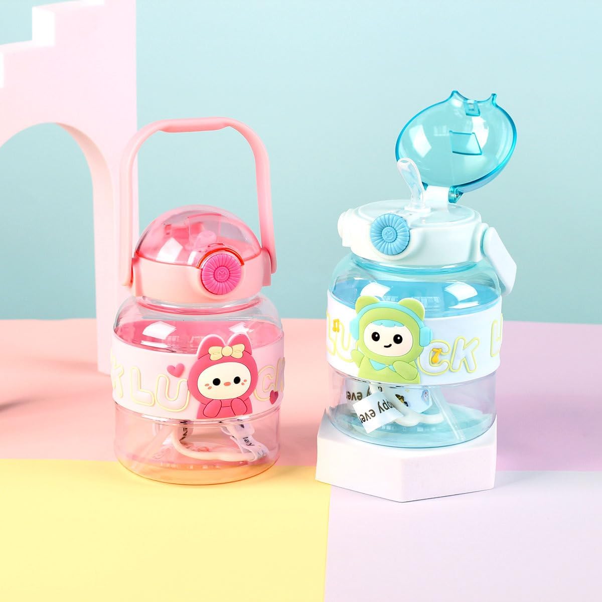 2-Pack Ton Ton Bucket Space Bottles – Cute Portable Plastic Drink Cups for Kids