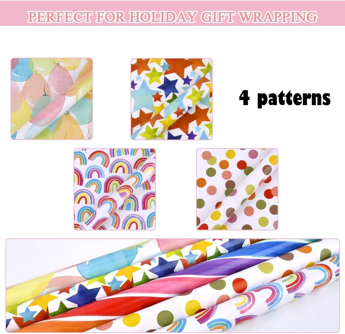 4 Pack Gift Wrapping Paper Roll Set Included Gift Kraft Wrap Paper For Birthday Party Graduation Eid Boys Girls kids baby Men Women 43 cm X 300cm Per Sheet