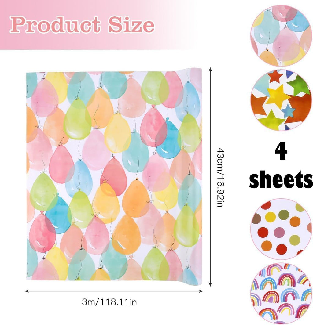 4 Pack Gift Wrapping Paper Roll Set Included Gift Kraft Wrap Paper For Birthday Party Graduation Eid Boys Girls kids baby Men Women 43 cm X 300cm Per Sheet