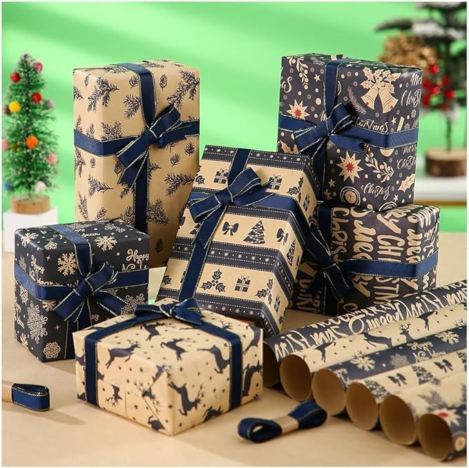 Christmas wrapping paper set, 6 pieces of party box gift wrapping paper with 2 ribbons, vintage DIY craft paper snowflakes reindeer stripes cedar branches Christmas element supplies blue