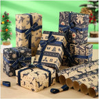 Christmas wrapping paper set, 6 pieces of party box gift wrapping paper with 2 ribbons, vintage DIY craft paper snowflakes reindeer stripes cedar branches Christmas element supplies blue