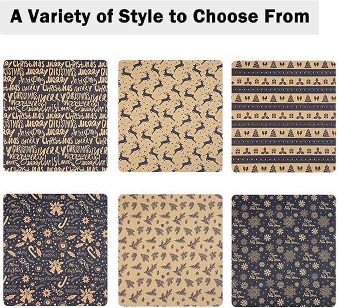 Christmas wrapping paper set, 6 pieces of party box gift wrapping paper with 2 ribbons, vintage DIY craft paper snowflakes reindeer stripes cedar branches Christmas element supplies blue