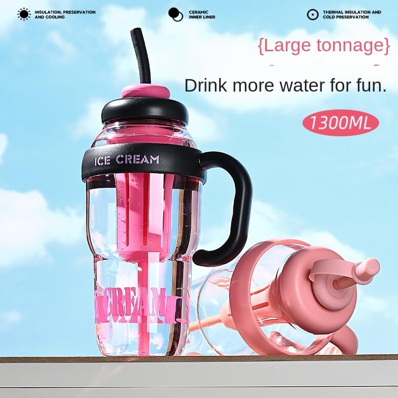 Reusable Plastic Tumbler with Lid and Straw – 1.5L Ice Cream Design Water Bottle, Tea Infuser Cup for Hot & Cold Drinks