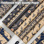 Christmas wrapping paper set, 6 pieces of party box gift wrapping paper with 2 ribbons, vintage DIY craft paper snowflakes reindeer stripes cedar branches Christmas element supplies blue