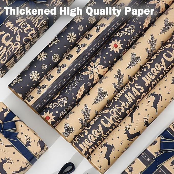 Christmas wrapping paper set, 6 pieces of party box gift wrapping paper with 2 ribbons, vintage DIY craft paper snowflakes reindeer stripes cedar branches Christmas element supplies blue