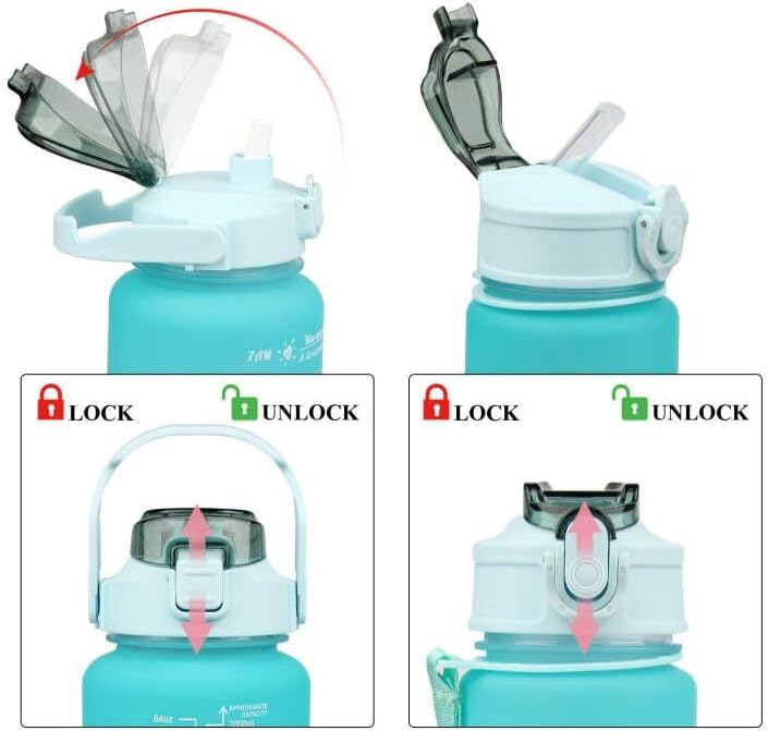 64oz & 26oz Water Bottles with Straw, 3-Pack BPA-Free Leakproof Set – Blue