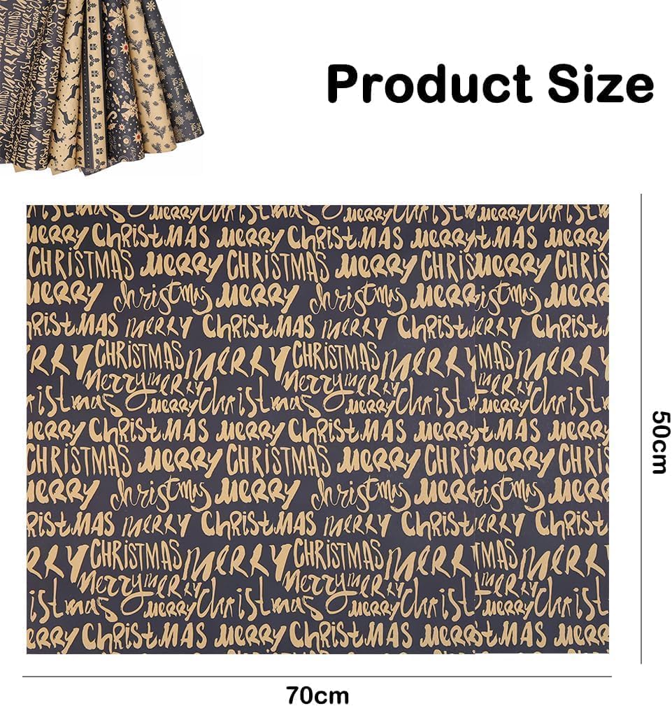 Christmas wrapping paper set, 6 pieces of party box gift wrapping paper with 2 ribbons, vintage DIY craft paper snowflakes reindeer stripes cedar branches Christmas element supplies blue