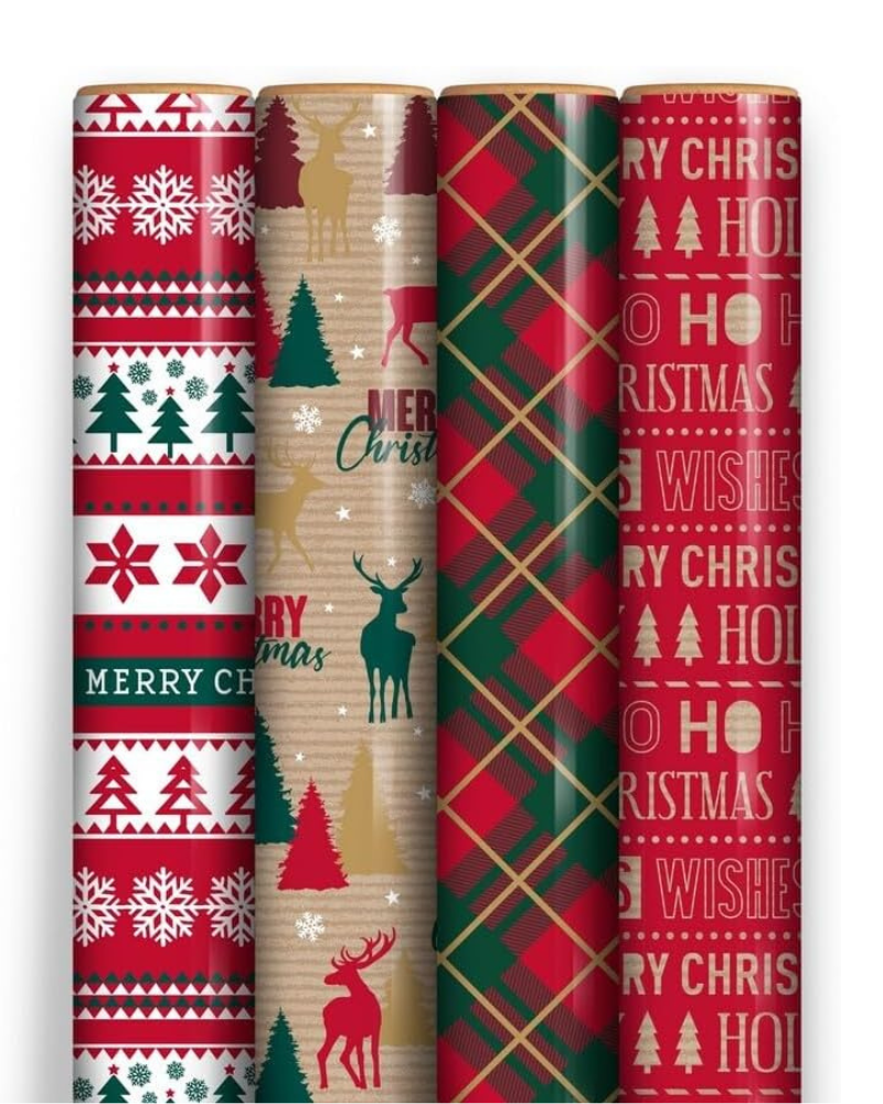 7M Simple Kraft Christmas Gift Wrapping Paper Roll – Eco-Friendly Festive Holiday Wrap for Seasonal Presents, Christmas Parties, Holiday Celebrations, Assorted 1 Piece