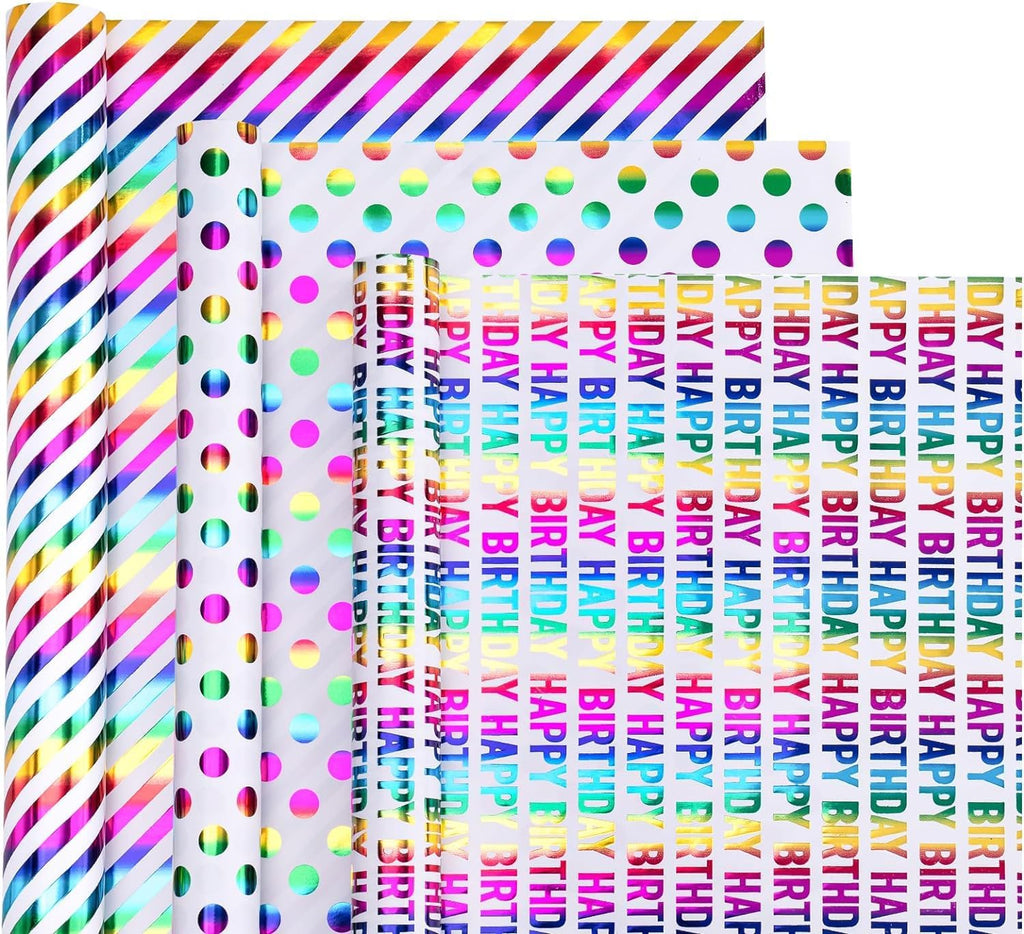 Rainbow Gift Wrapping Paper Rolls, 9 Meter Gift Wrapping Paper Roll, 3 Different Style Multicolor Sheets (43cm X 3m) Gift Wrap for Birthday, Holiday, Wedding