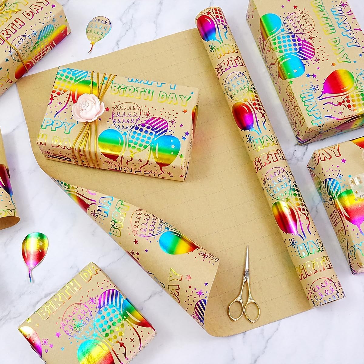 Birthday Wrapping Paper Roll, 43cm x 10m Colorful Foil Kraft Gift Wrap with Balloon & Confetti Design – Perfect for Baby Shower, Celebration, Party Decoration, Present Packaging