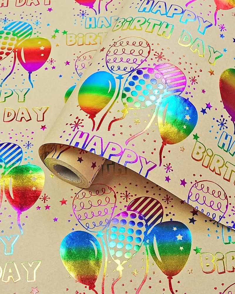 Birthday Wrapping Paper Roll, 43cm x 10m Colorful Foil Kraft Gift Wrap with Balloon & Confetti Design – Perfect for Baby Shower, Celebration, Party Decoration, Present Packaging
