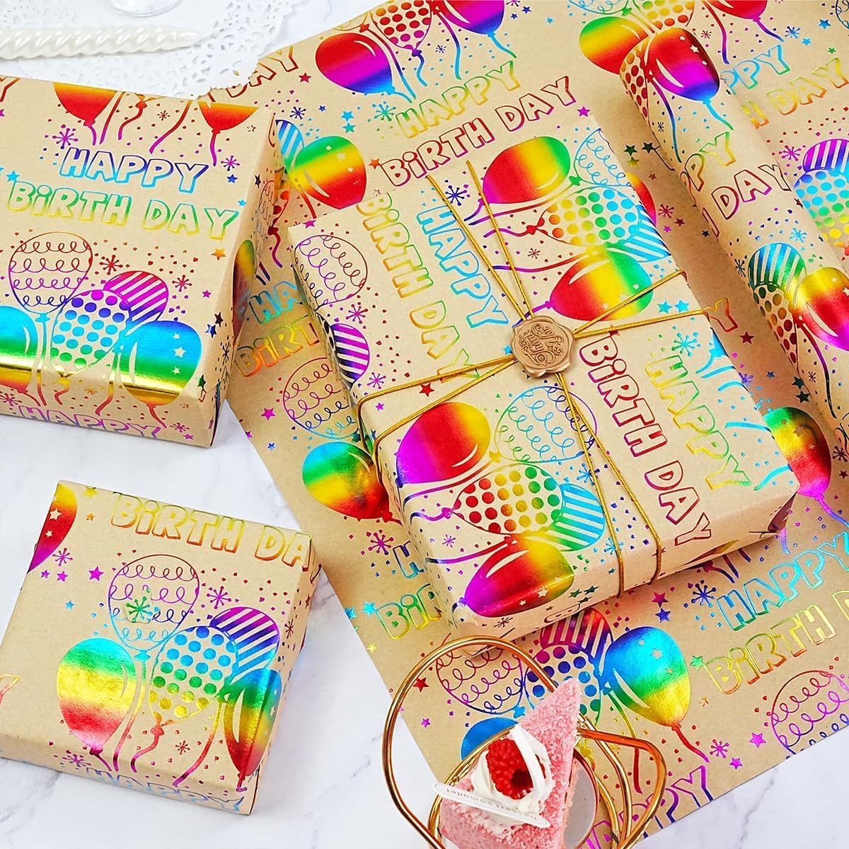 Birthday Wrapping Paper Roll, 43cm x 10m Colorful Foil Kraft Gift Wrap with Balloon & Confetti Design – Perfect for Baby Shower, Celebration, Party Decoration, Present Packaging