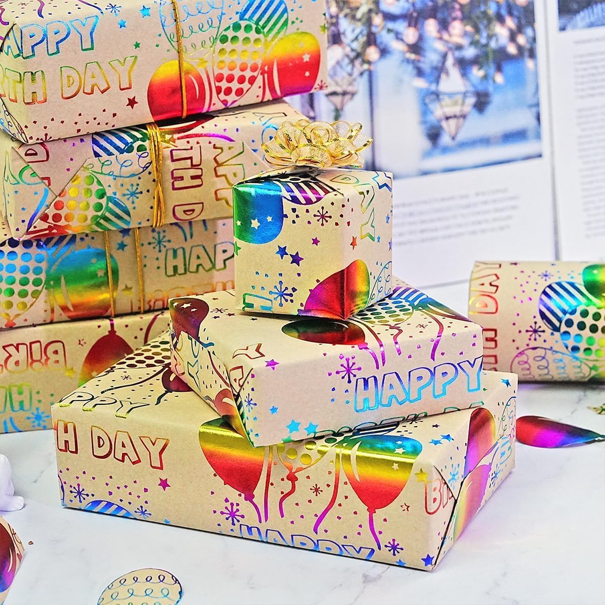 Birthday Wrapping Paper Roll, 43cm x 10m Colorful Foil Kraft Gift Wrap with Balloon & Confetti Design – Perfect for Baby Shower, Celebration, Party Decoration, Present Packaging