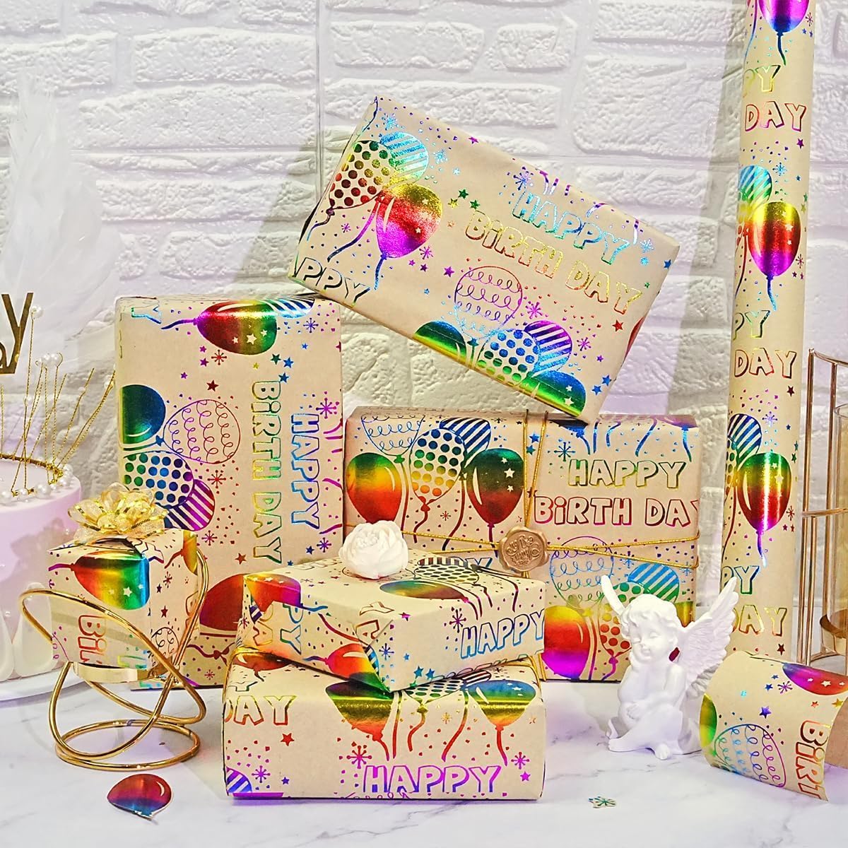 Birthday Wrapping Paper Roll, 43cm x 10m Colorful Foil Kraft Gift Wrap with Balloon & Confetti Design – Perfect for Baby Shower, Celebration, Party Decoration, Present Packaging