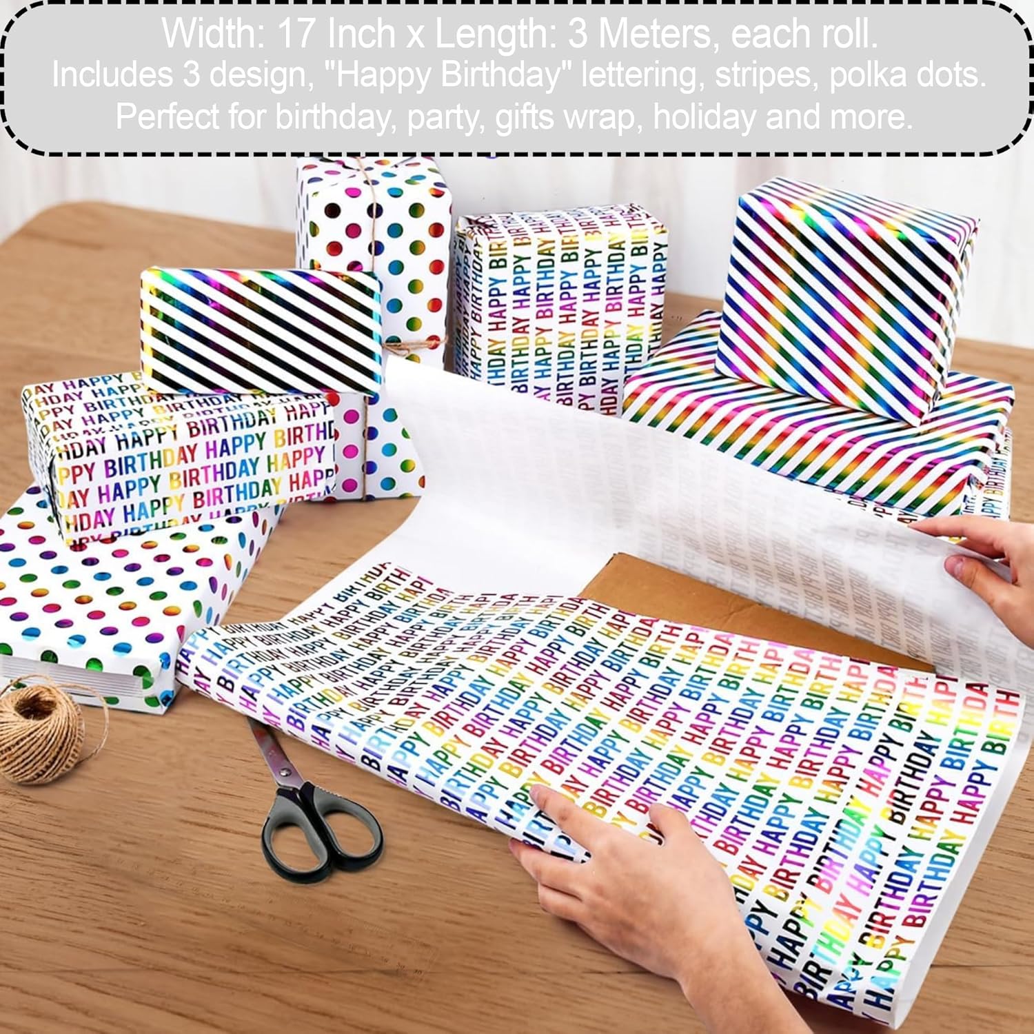 Birthday Wrapping Paper Rolls, 3 rolls 43CM x 3M Per Roll, Gift Wrapping Paper Colorful Birthday Design for Party, Holiday, Baby Shower, Thick Gift Wrap Paper