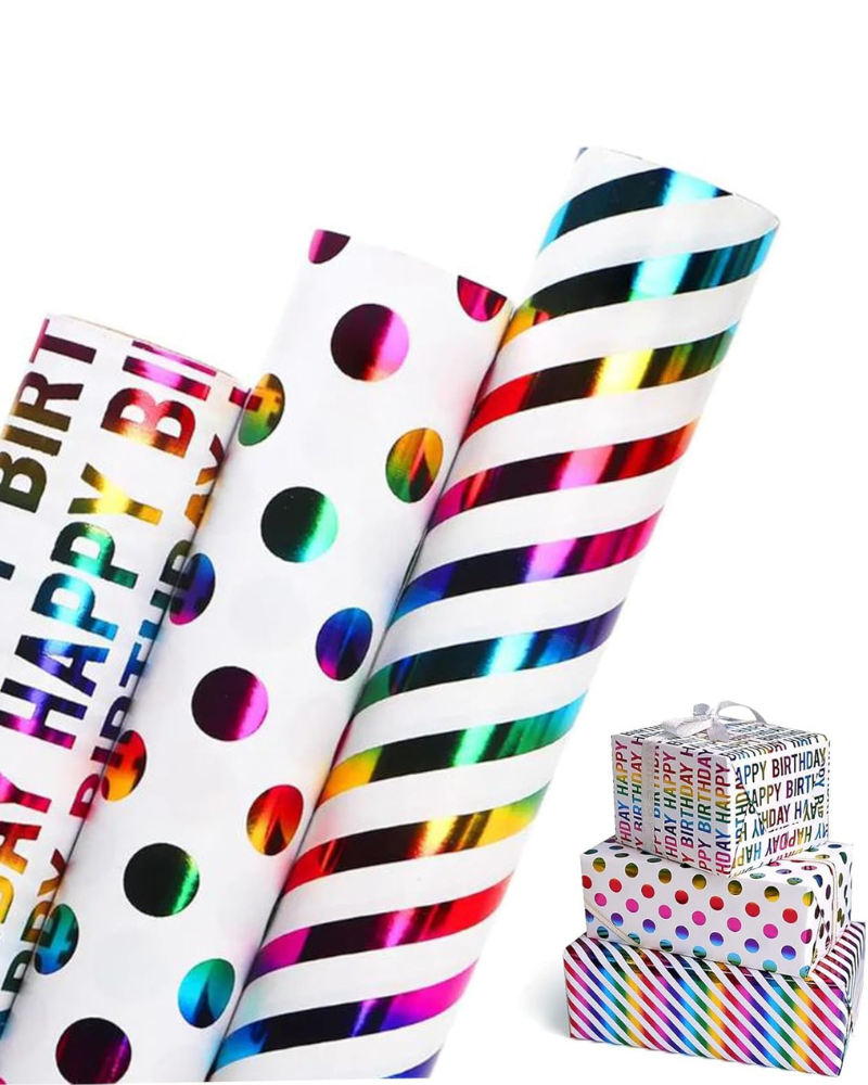 Birthday Wrapping Paper Rolls, 3 rolls 43CM x 3M Per Roll, Gift Wrapping Paper Colorful Birthday Design for Party, Holiday, Baby Shower, Thick Gift Wrap Paper