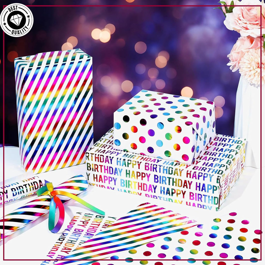 Birthday Wrapping Paper Rolls, 3 rolls 43CM x 3M Per Roll, Gift Wrapping Paper Colorful Birthday Design for Party, Holiday, Baby Shower, Thick Gift Wrap Paper