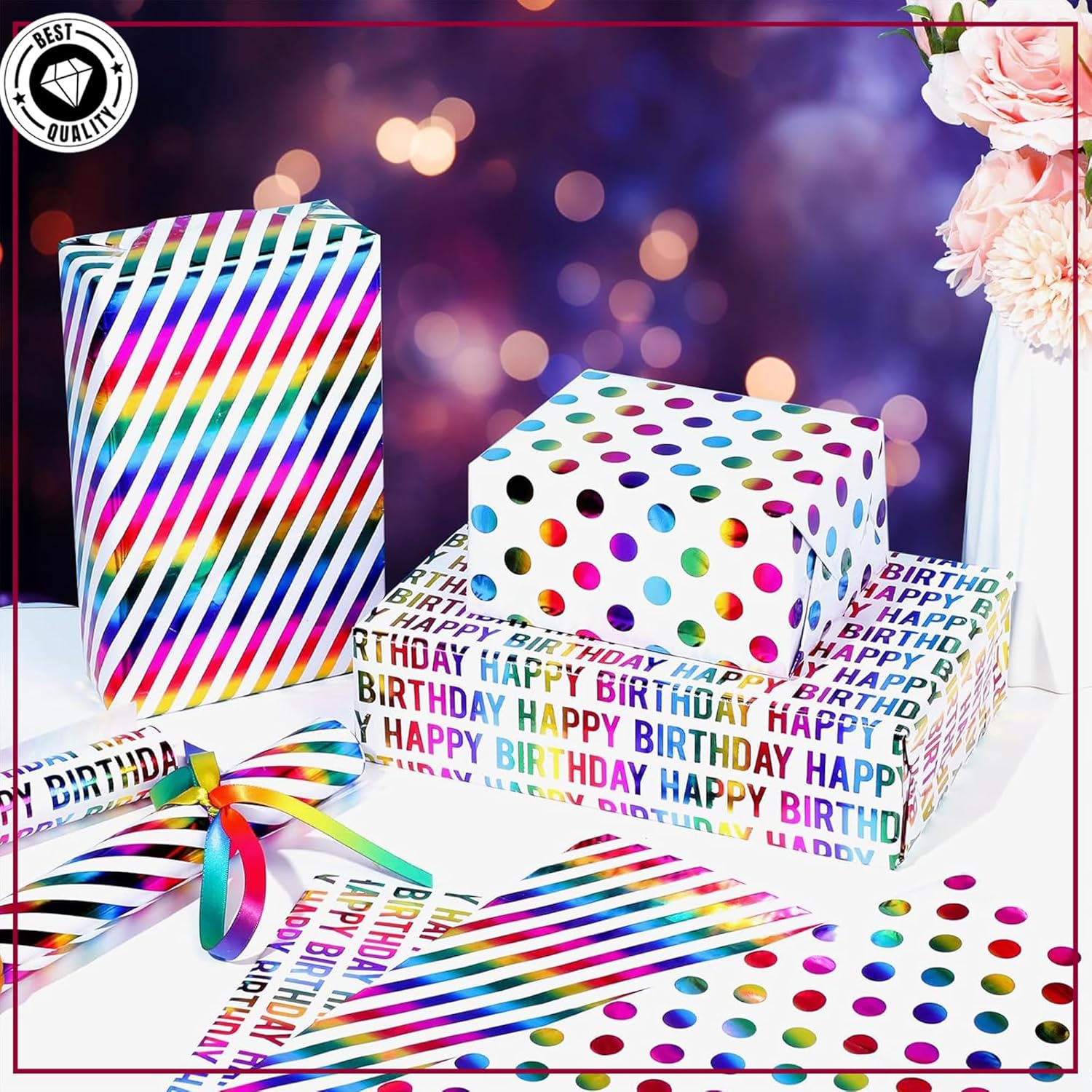 Birthday Wrapping Paper Rolls, 3 rolls 43CM x 3M Per Roll, Gift Wrapping Paper Colorful Birthday Design for Party, Holiday, Baby Shower, Thick Gift Wrap Paper