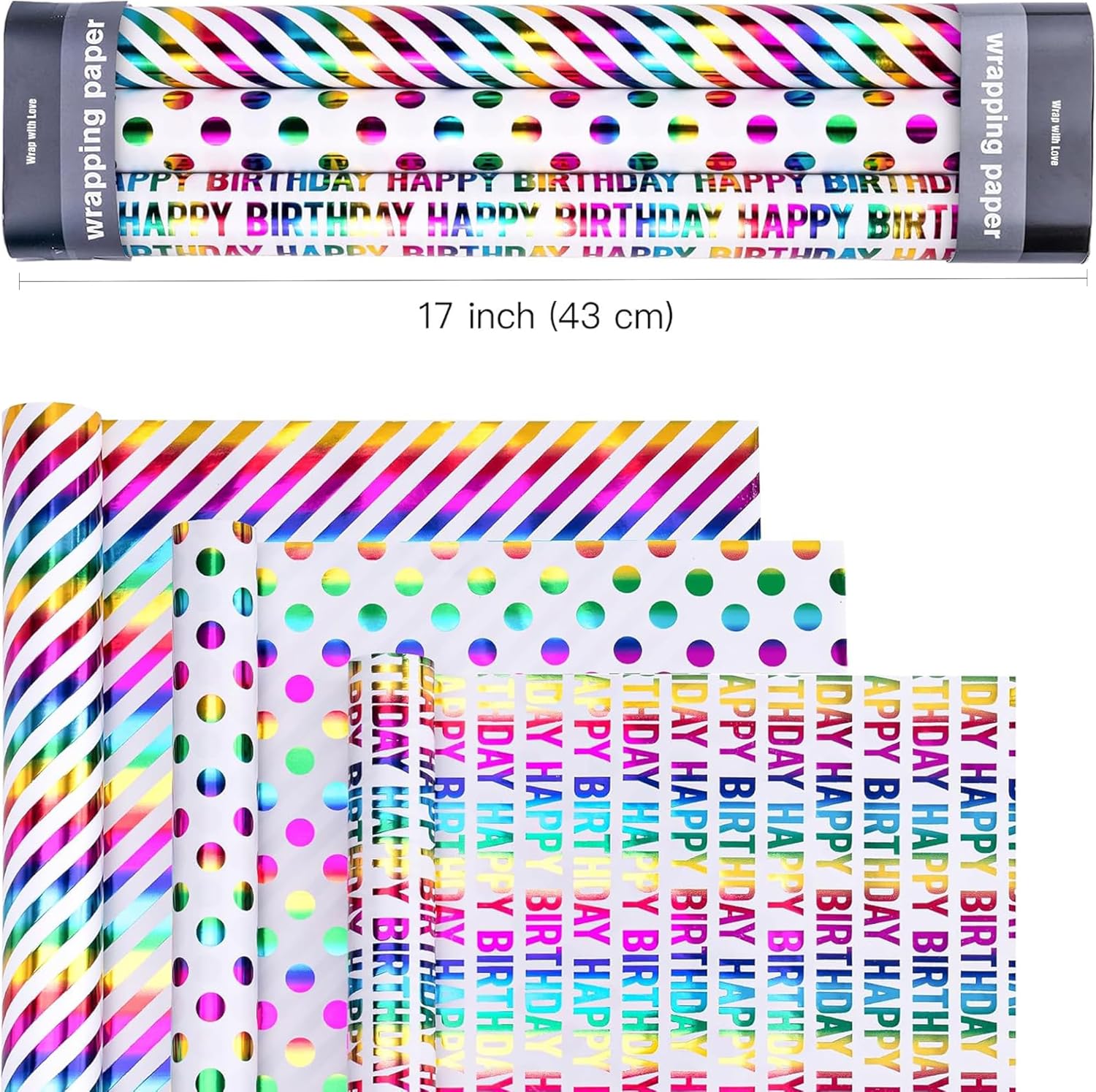 Birthday Wrapping Paper Rolls, 3 rolls 43CM x 3M Per Roll, Gift Wrapping Paper Colorful Birthday Design for Party, Holiday, Baby Shower, Thick Gift Wrap Paper