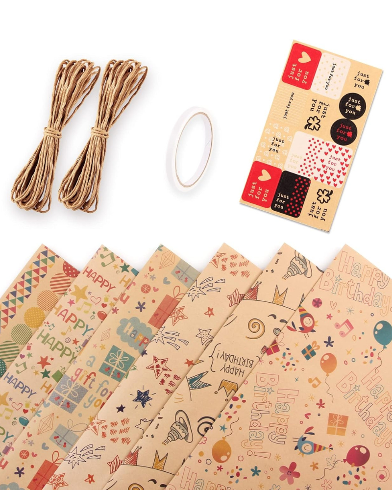 Birthday Wrapping Paper, 6 Sheets Kraft Gift Wrapping Paper, Balloons Cake Happy Birthday Wrapping Paper for Boys, Brown Gift Wraps for All Birthday, Holiday Party-Folded Flat-70x100cm