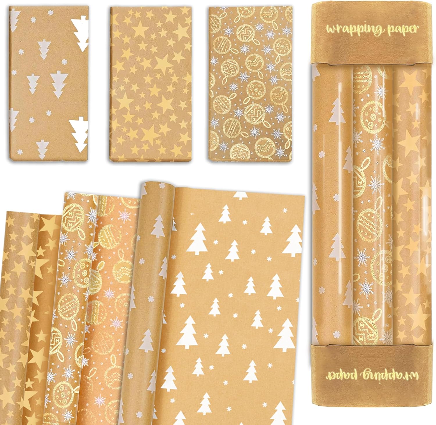 Christmas Wrapping Paper Rolls ，10M Kraft Paper Total with Stars, Snowflakes, Christmas Tree Patterns for CHristmas Gift Wrapping -17 * 118 in/Roll（3 Rolls)