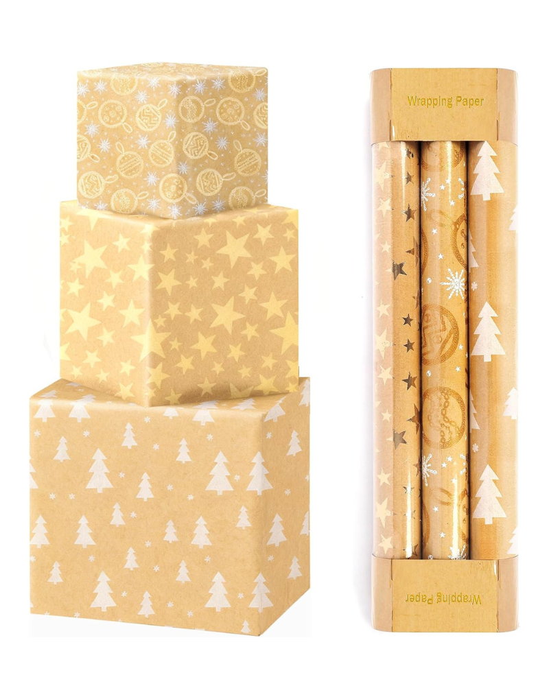 Christmas Wrapping Paper Rolls ，10M Kraft Paper Total with Stars, Snowflakes, Christmas Tree Patterns for CHristmas Gift Wrapping -17 * 118 in/Roll（3 Rolls)