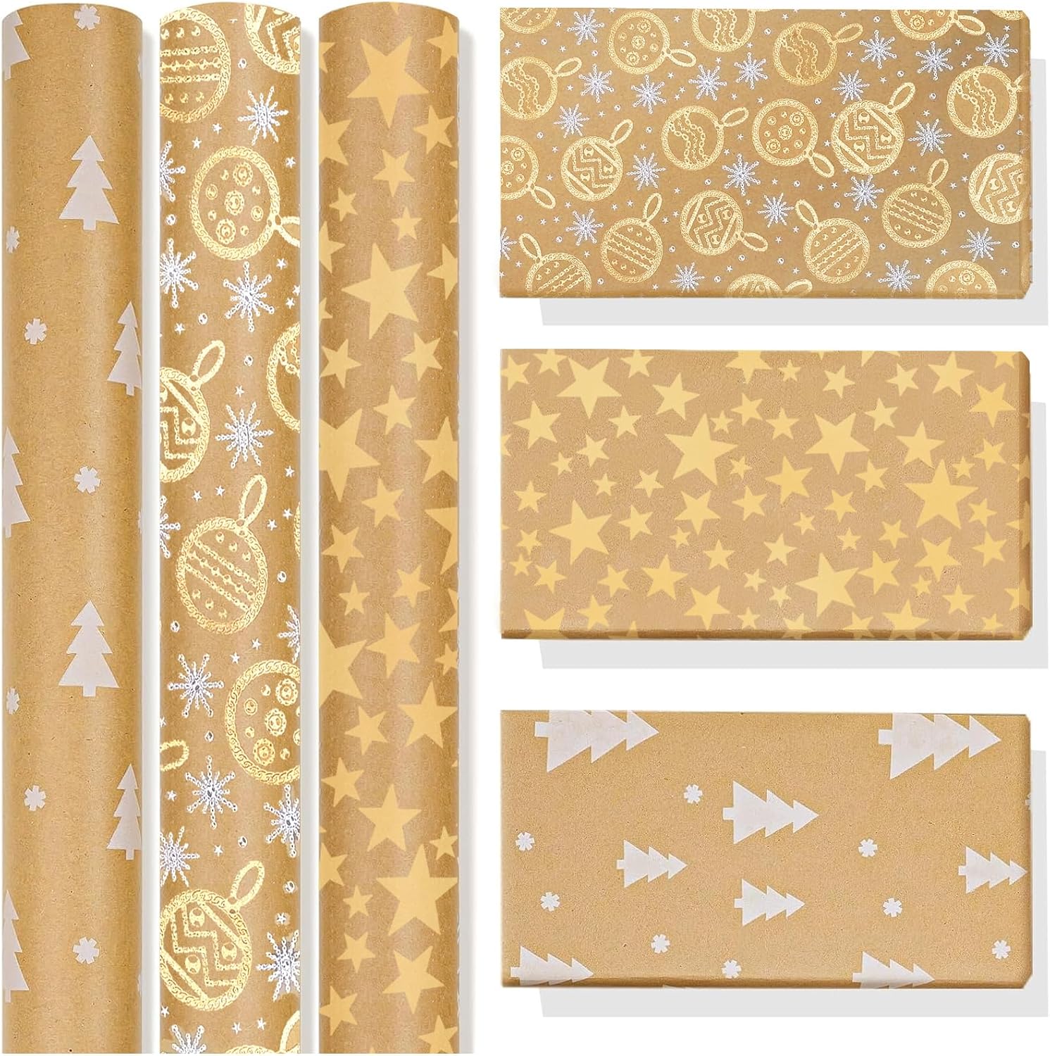 Christmas Wrapping Paper Rolls ，10M Kraft Paper Total with Stars, Snowflakes, Christmas Tree Patterns for CHristmas Gift Wrapping -17 * 118 in/Roll（3 Rolls)