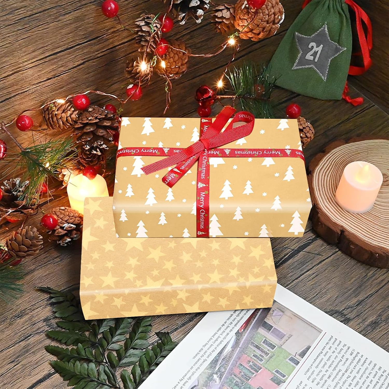 Christmas Wrapping Paper Rolls ，10M Kraft Paper Total with Stars, Snowflakes, Christmas Tree Patterns for CHristmas Gift Wrapping -17 * 118 in/Roll（3 Rolls)