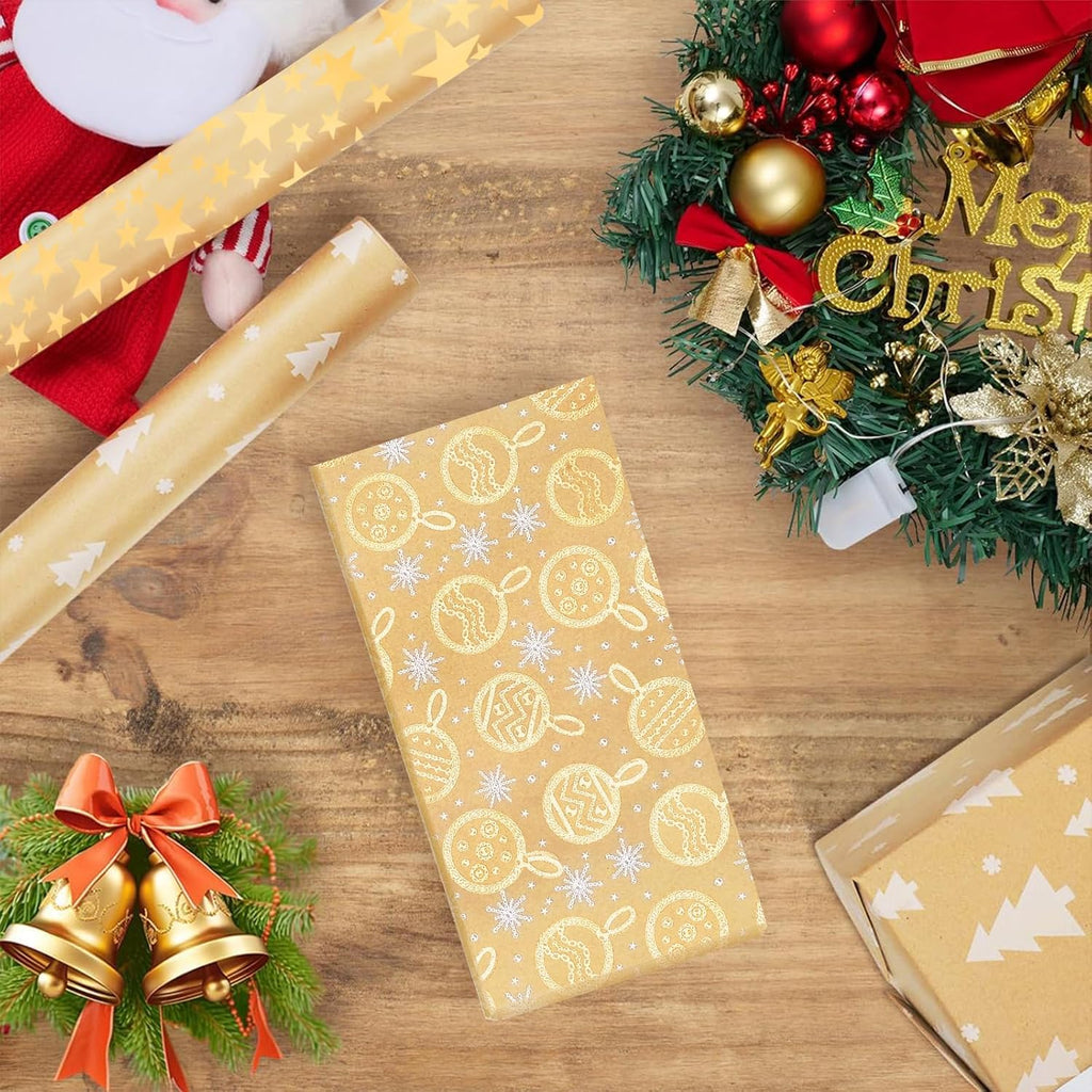 Christmas Wrapping Paper Rolls ，10M Kraft Paper Total with Stars, Snowflakes, Christmas Tree Patterns for CHristmas Gift Wrapping -17 * 118 in/Roll（3 Rolls)
