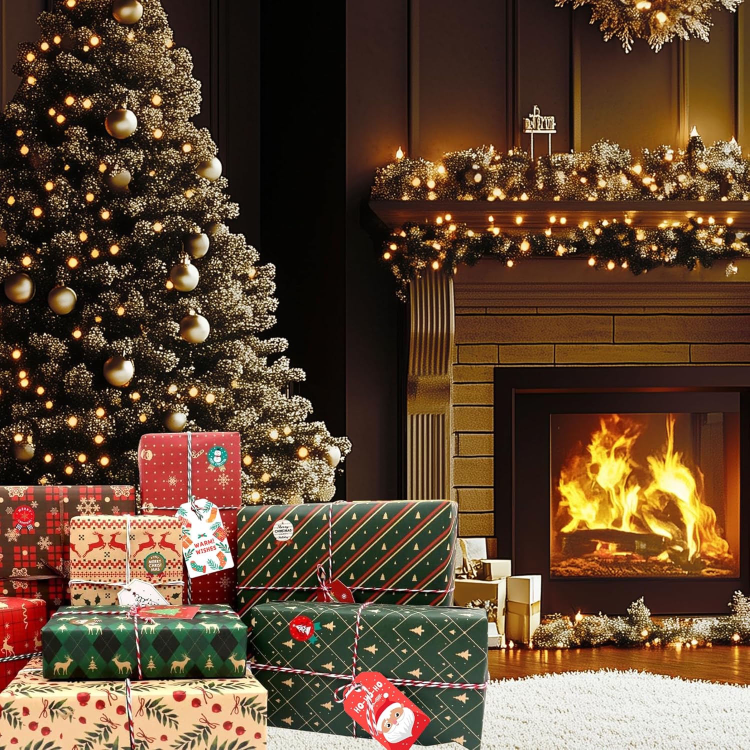 Christmas Wrapping Paper, 8 Sheets Assorted Christmas Wrapping Paper with Tags Stickers Paper string, Kraft Wrapping Paper for Christmas New Year, Xmas Wrapping paper for Adults Kids,70 x 50CM