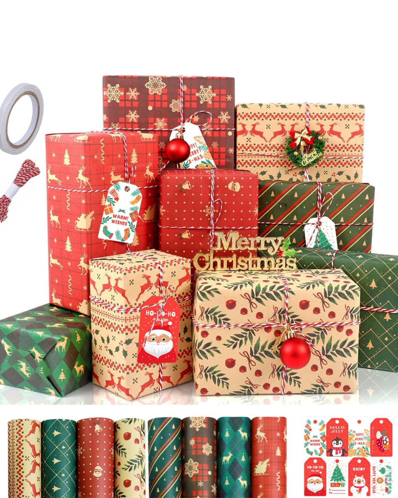 Christmas Wrapping Paper, 8 Sheets Assorted Christmas Wrapping Paper with Tags Stickers Paper string, Kraft Wrapping Paper for Christmas New Year, Xmas Wrapping paper for Adults Kids,70 x 50CM