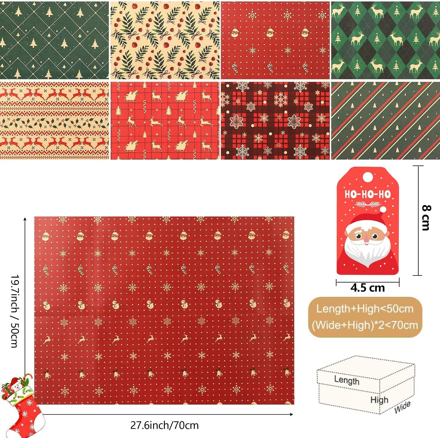 Christmas Wrapping Paper, 8 Sheets Assorted Christmas Wrapping Paper with Tags Stickers Paper string, Kraft Wrapping Paper for Christmas New Year, Xmas Wrapping paper for Adults Kids,70 x 50CM