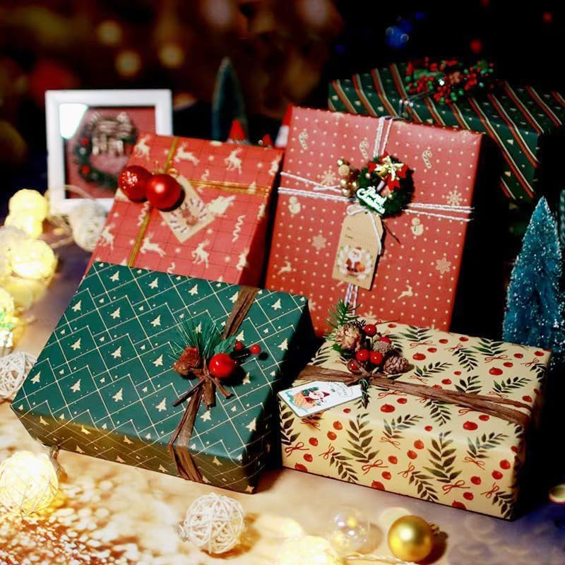 Christmas Wrapping Paper, 8 Sheets Assorted Christmas Wrapping Paper with Tags Stickers Paper string, Kraft Wrapping Paper for Christmas New Year, Xmas Wrapping paper for Adults Kids,70 x 50CM
