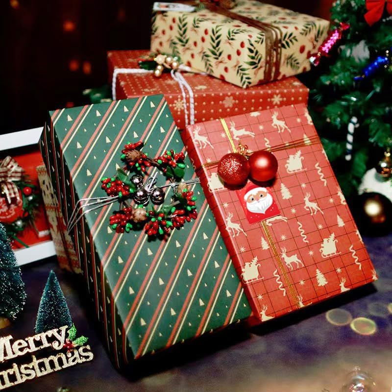 Christmas Wrapping Paper, 8 Sheets Assorted Christmas Wrapping Paper with Tags Stickers Paper string, Kraft Wrapping Paper for Christmas New Year, Xmas Wrapping paper for Adults Kids,70 x 50CM