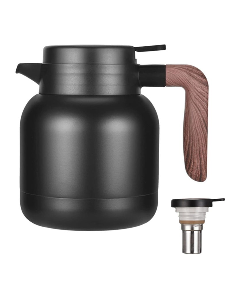 Desselan Insulated Vacuum Jug 1.2L | Stainless Steel Thermal Coffee Carafe Flask with Built-in Tea Filter, Push-Button Lid & Non-Slip Base (Black)