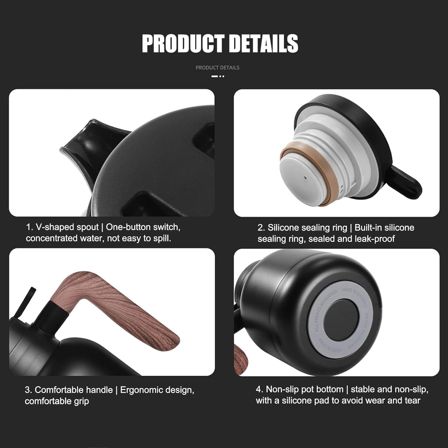 Desselan Insulated Vacuum Jug 1.2L | Stainless Steel Thermal Coffee Carafe Flask with Built-in Tea Filter, Push-Button Lid & Non-Slip Base (Black)