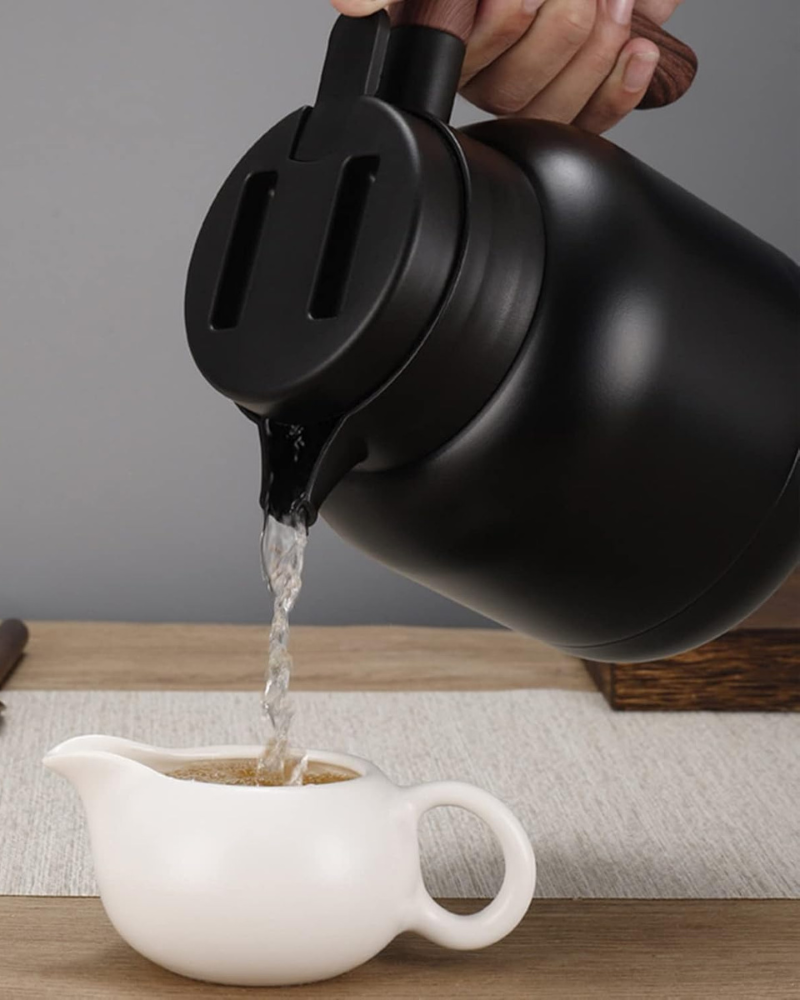 Desselan Insulated Vacuum Jug 1.2L | Stainless Steel Thermal Coffee Carafe Flask with Built-in Tea Filter, Push-Button Lid & Non-Slip Base (Black)