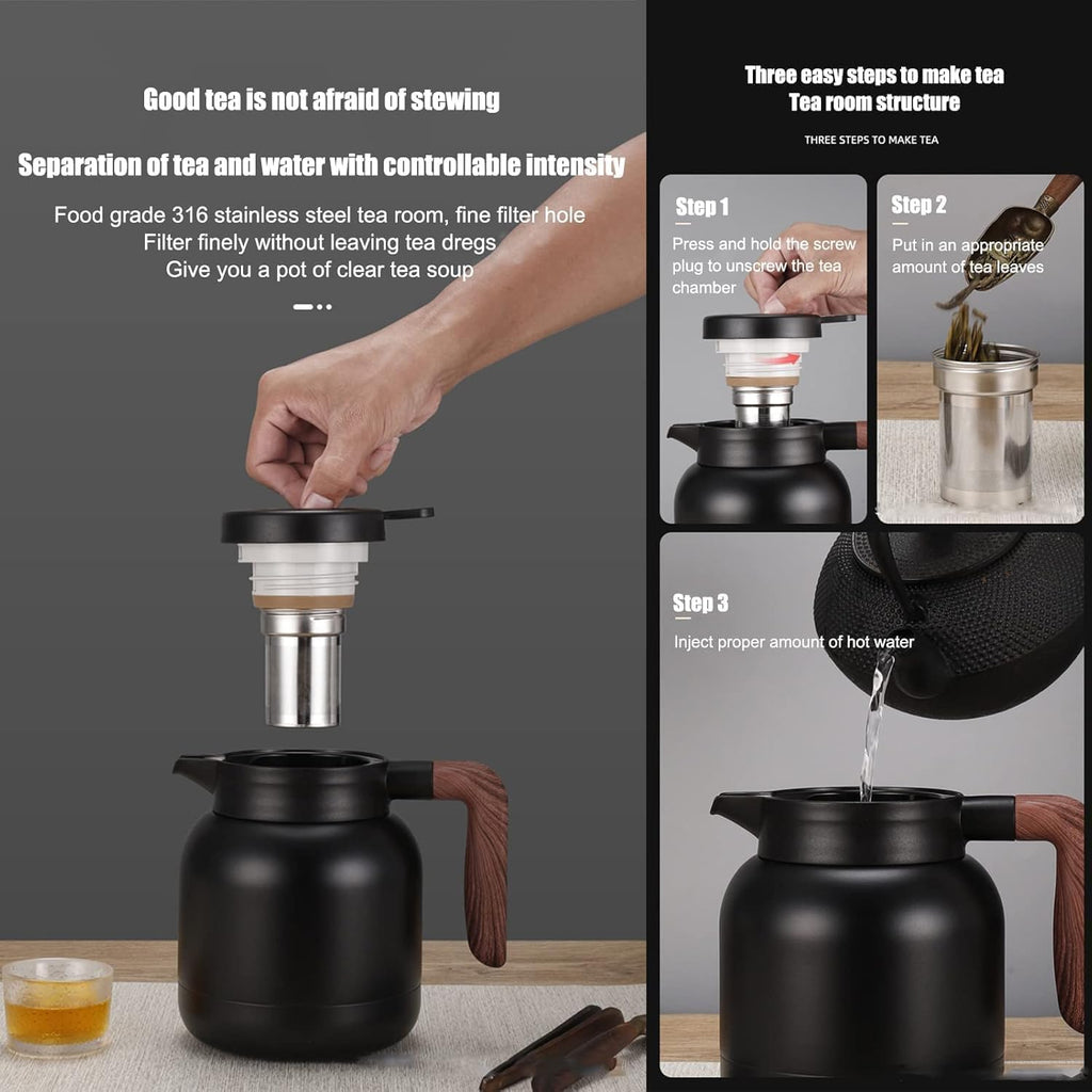 Desselan Insulated Vacuum Jug 1.2L | Stainless Steel Thermal Coffee Carafe Flask with Built-in Tea Filter, Push-Button Lid & Non-Slip Base (Black)