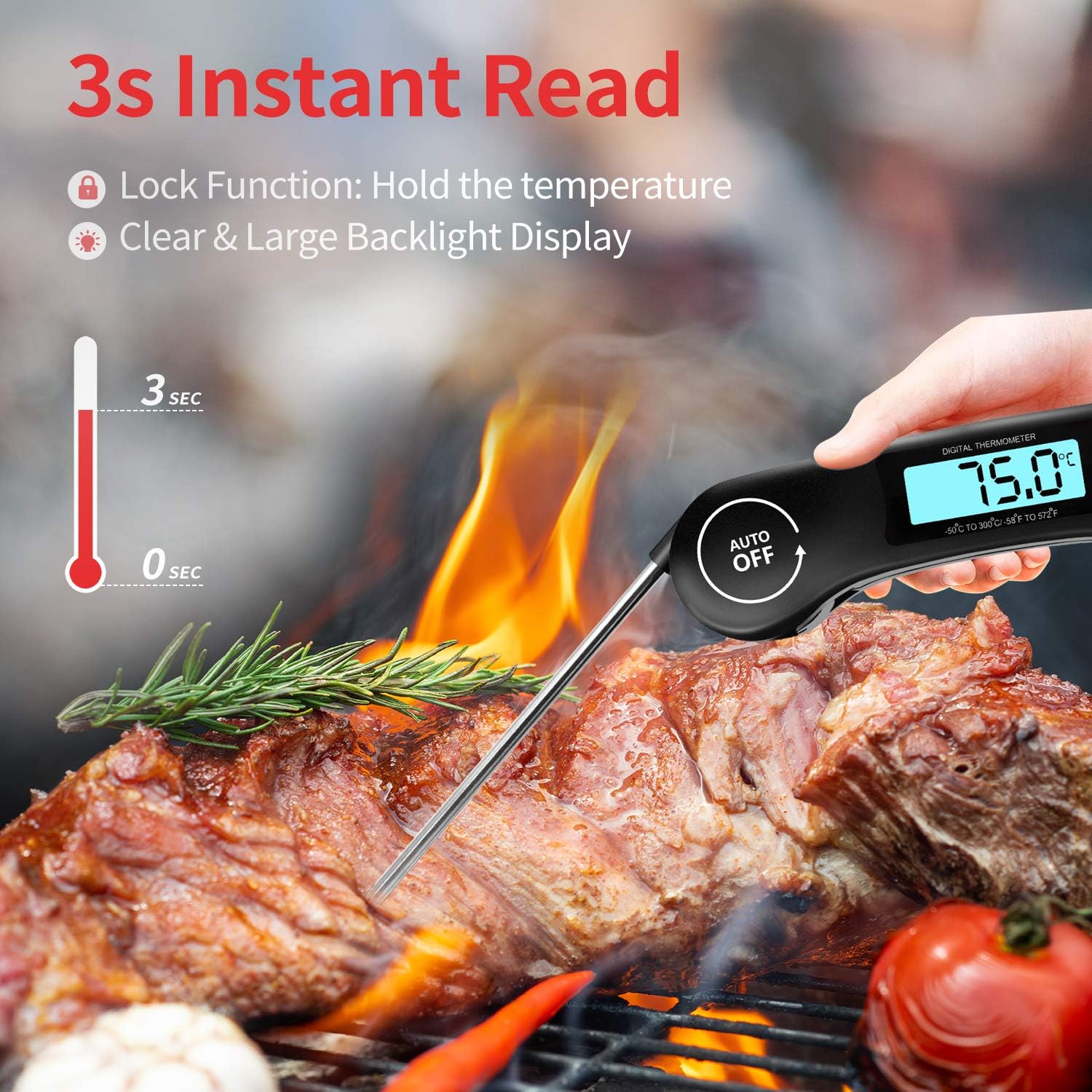 Digital Meat Thermometer for Cooking – Instant Read Food Thermometer with Backlight LCD Screen, Foldable Long Probe, Auto On/Off & Reversible Display – Accurate Kitchen BBQ Thermometer for Grill, Water, Milk & Steak (Black)