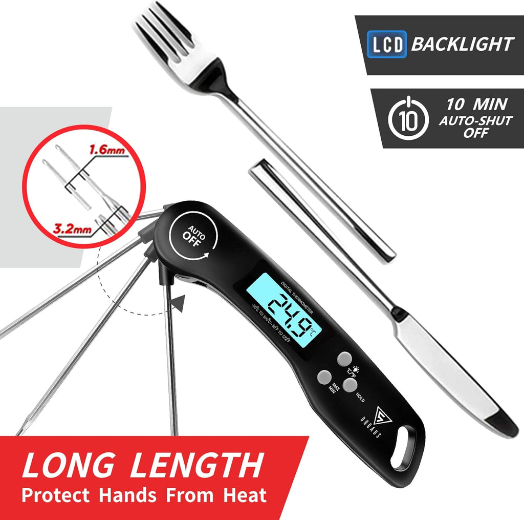 Digital Meat Thermometer for Cooking – Instant Read Food Thermometer with Backlight LCD Screen, Foldable Long Probe, Auto On/Off & Reversible Display – Accurate Kitchen BBQ Thermometer for Grill, Water, Milk & Steak (Black)