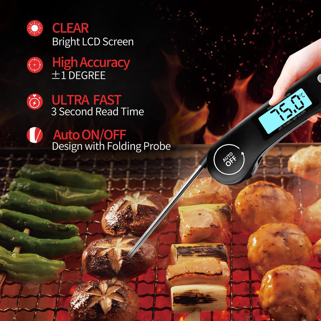 Digital Meat Thermometer for Cooking – Instant Read Food Thermometer with Backlight LCD Screen, Foldable Long Probe, Auto On/Off & Reversible Display – Accurate Kitchen BBQ Thermometer for Grill, Water, Milk & Steak (Black)
