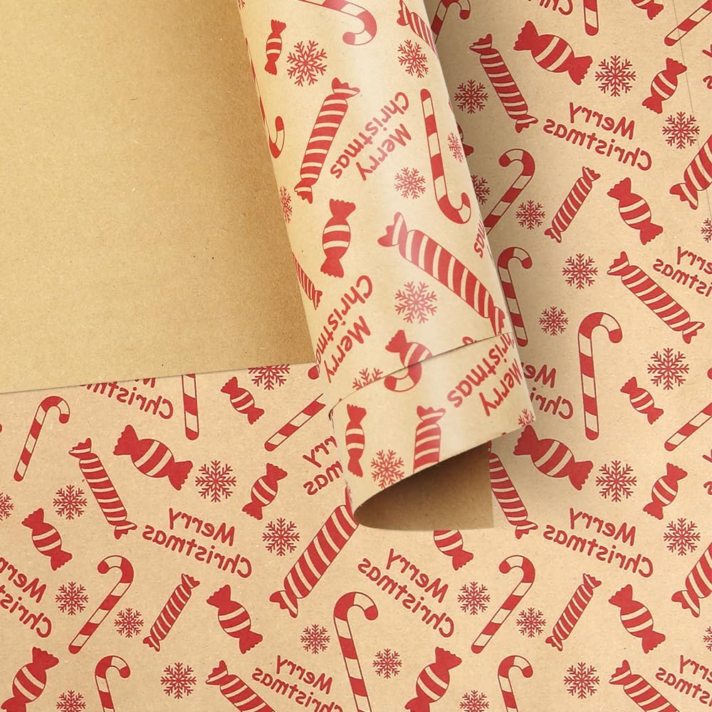 Eco-Friendly Christmas Gift Wrapping Paper Roll – 43cm x 10m Kraft Paper with Red Holiday Prints – Recyclable & Versatile for Gift Wrap, Crafts & DIY