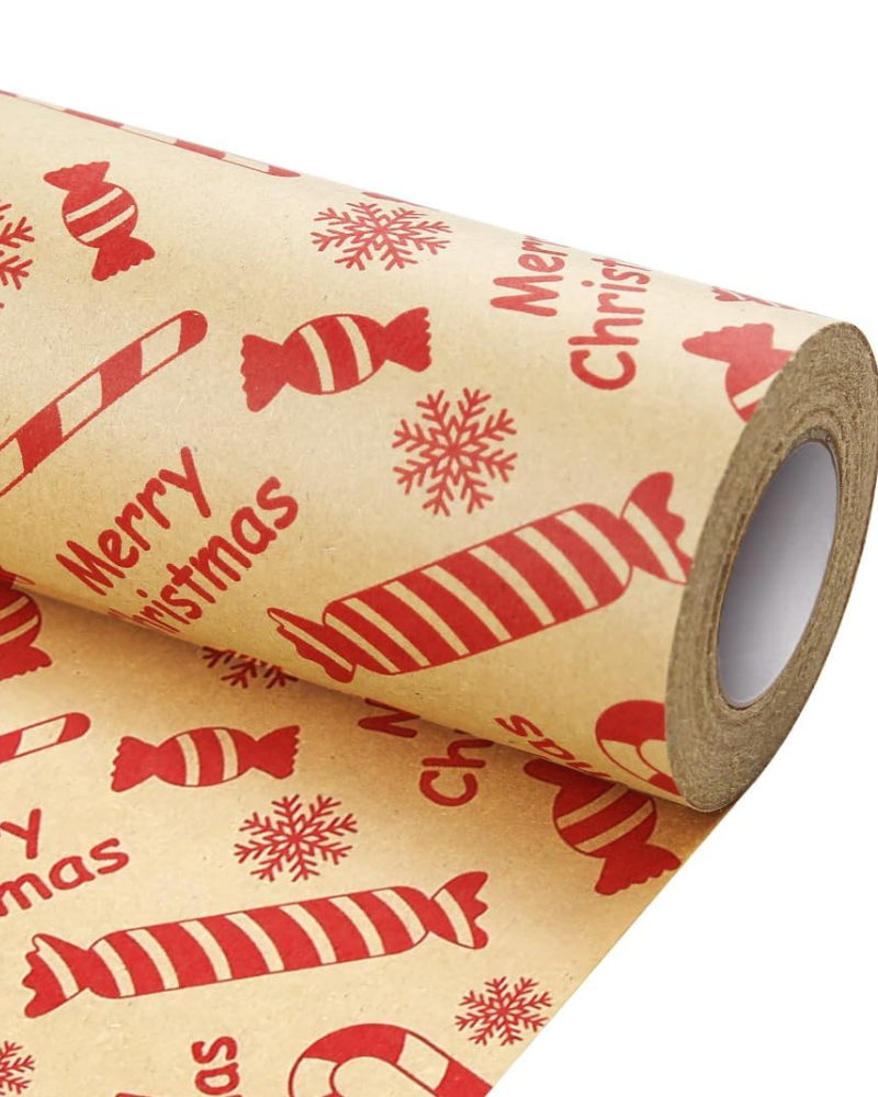 Eco-Friendly Christmas Gift Wrapping Paper Roll – 43cm x 10m Kraft Paper with Red Holiday Prints – Recyclable & Versatile for Gift Wrap, Crafts & DIY