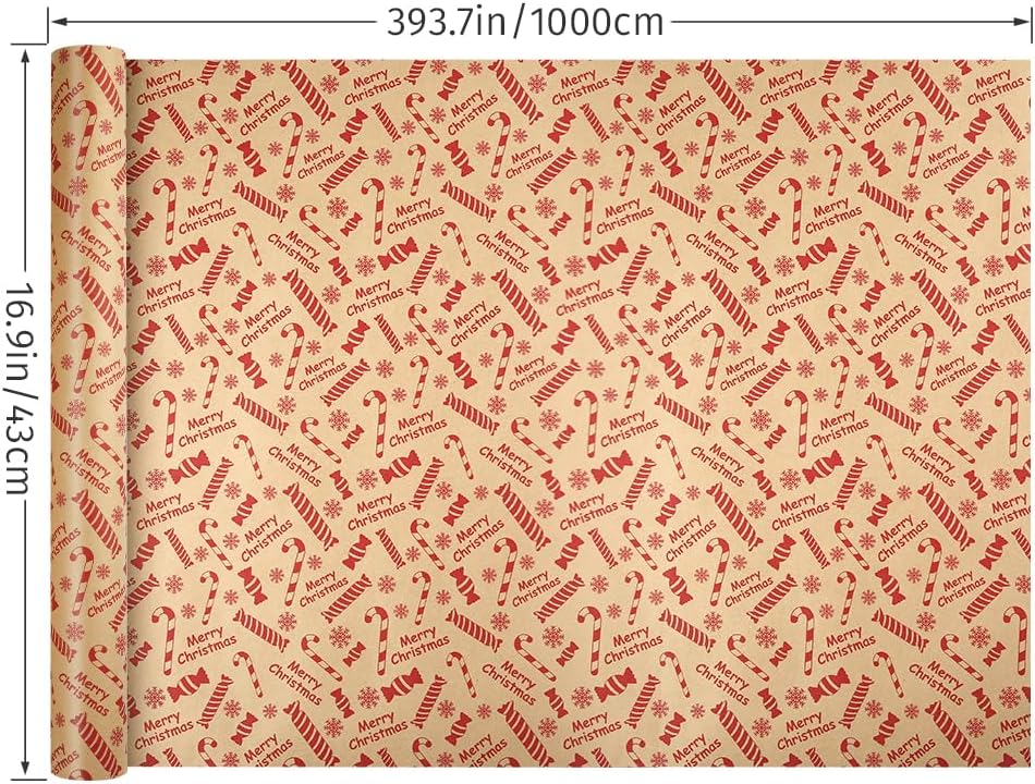 Eco-Friendly Christmas Gift Wrapping Paper Roll – 43cm x 10m Kraft Paper with Red Holiday Prints – Recyclable & Versatile for Gift Wrap, Crafts & DIY