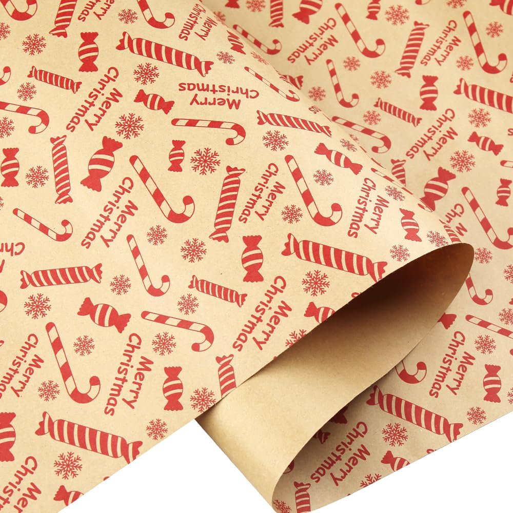 Eco-Friendly Christmas Gift Wrapping Paper Roll – 43cm x 10m Kraft Paper with Red Holiday Prints – Recyclable & Versatile for Gift Wrap, Crafts & DIY